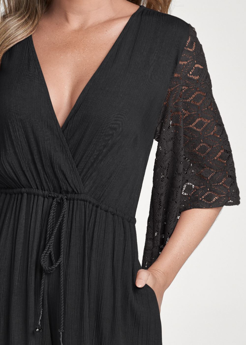 Venus Plus Size Wide Leg Lace Trim Jumpsuit in Black