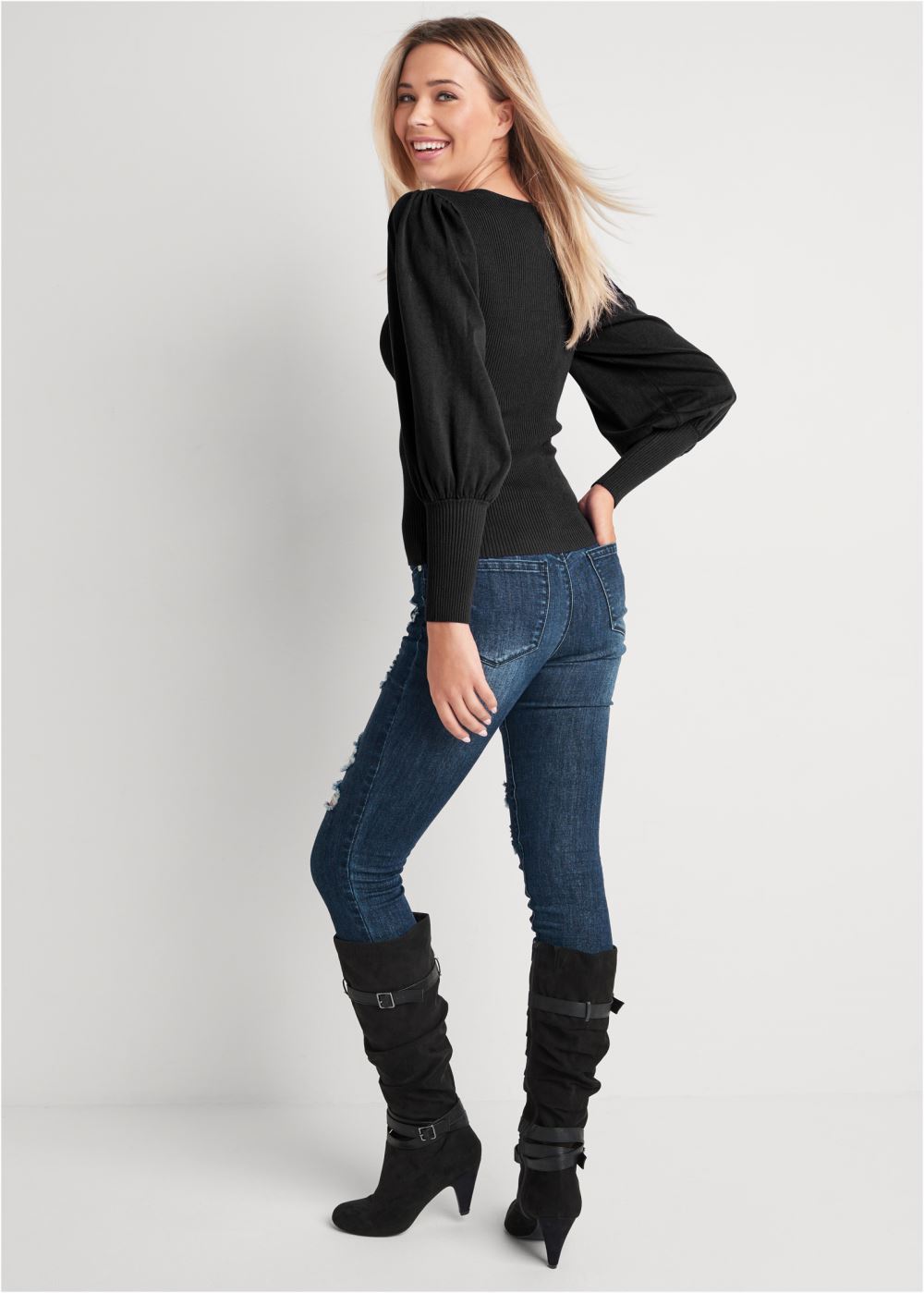 Venus Plus Size Puff Sleeve Sweater in Black