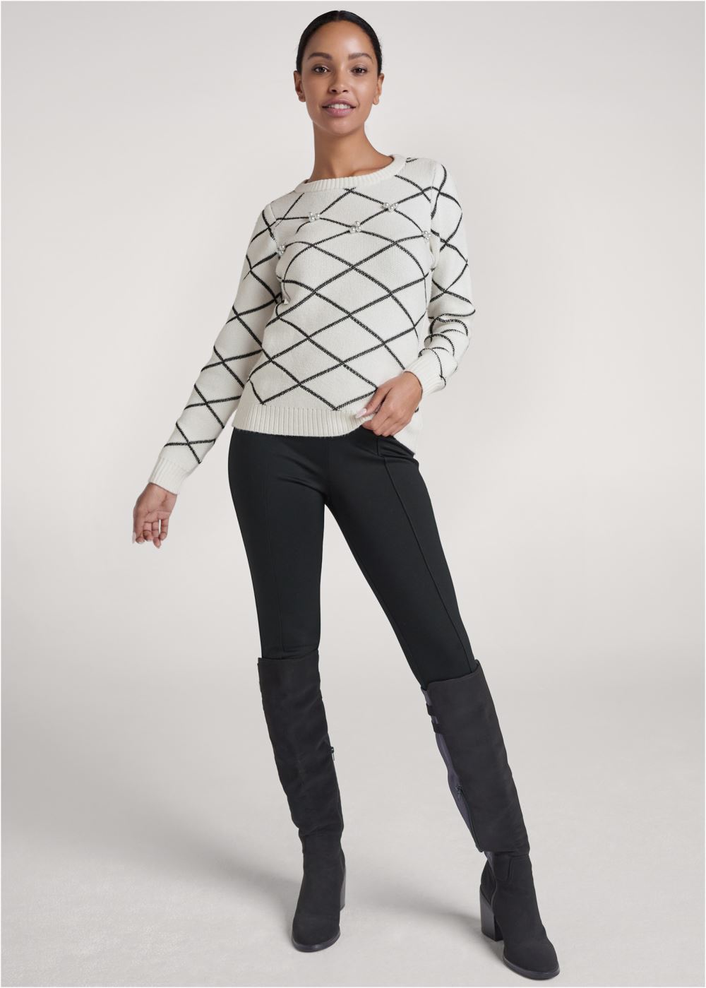 Venus Plus Size Pearl Embellished Sweater in White Multi