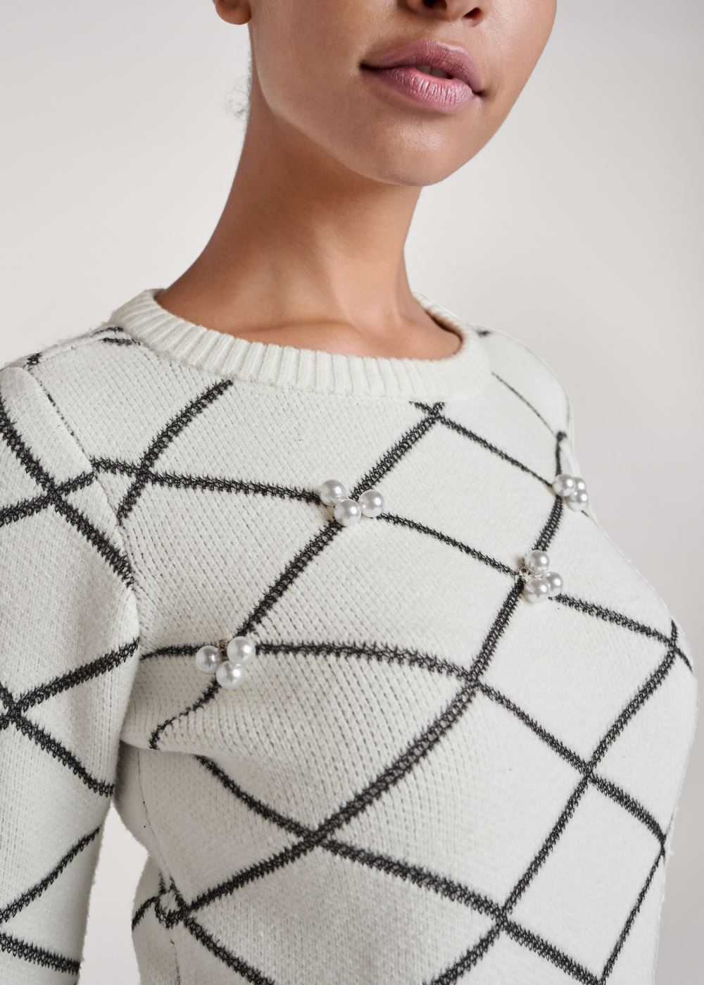 Venus Plus Size Pearl Embellished Sweater in White Multi
