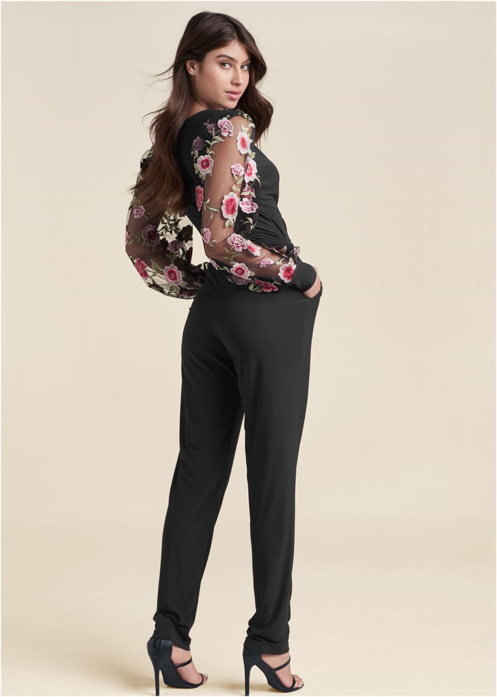 Venus Plus Size Embroidered Sleeve Jumpsuit in Black Multi