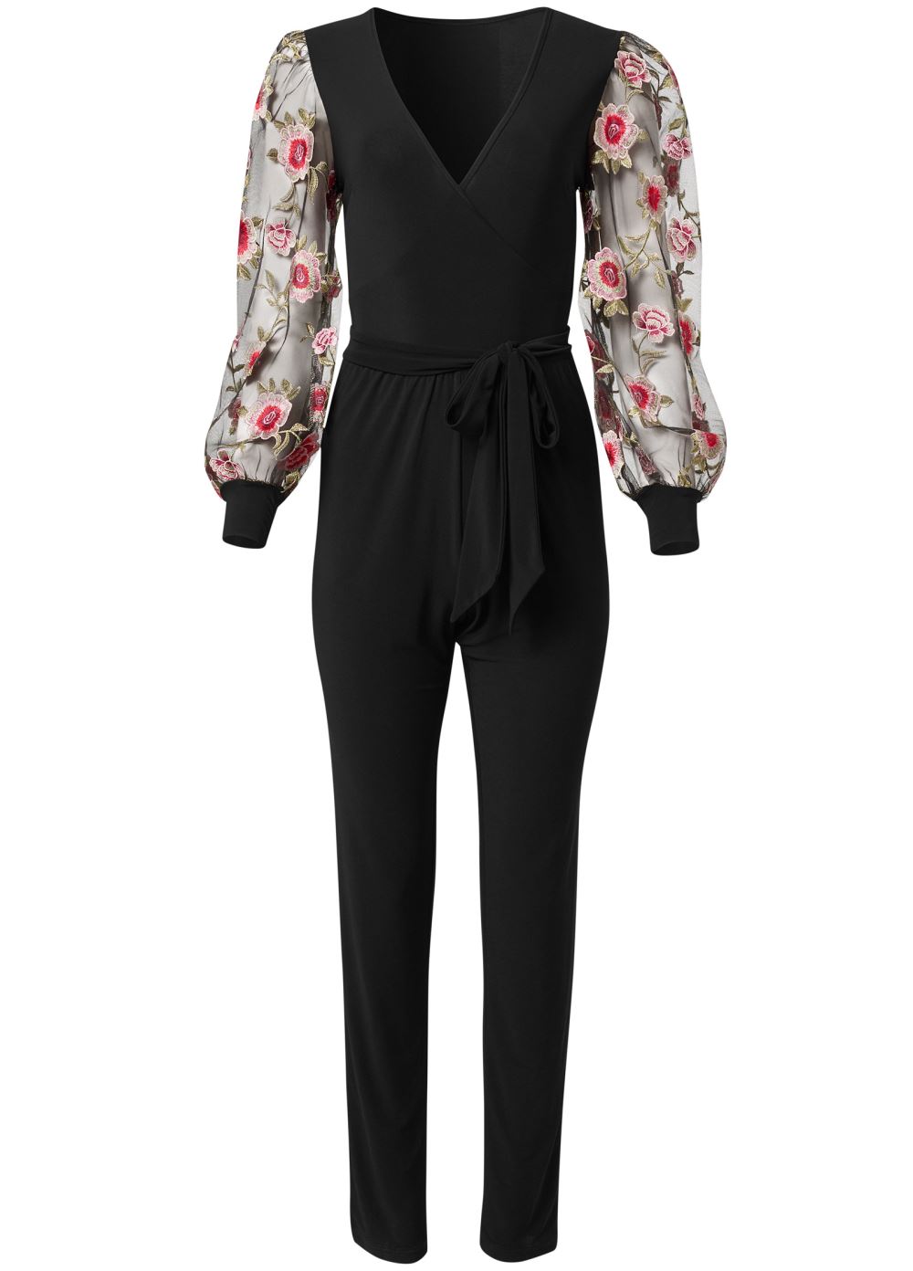 Venus Plus Size Embroidered Sleeve Jumpsuit in Black Multi