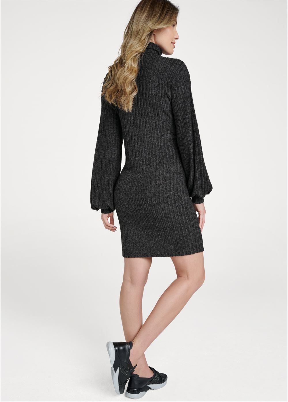 Venus Plus Size Ribbed Hacci Button Dress in Black