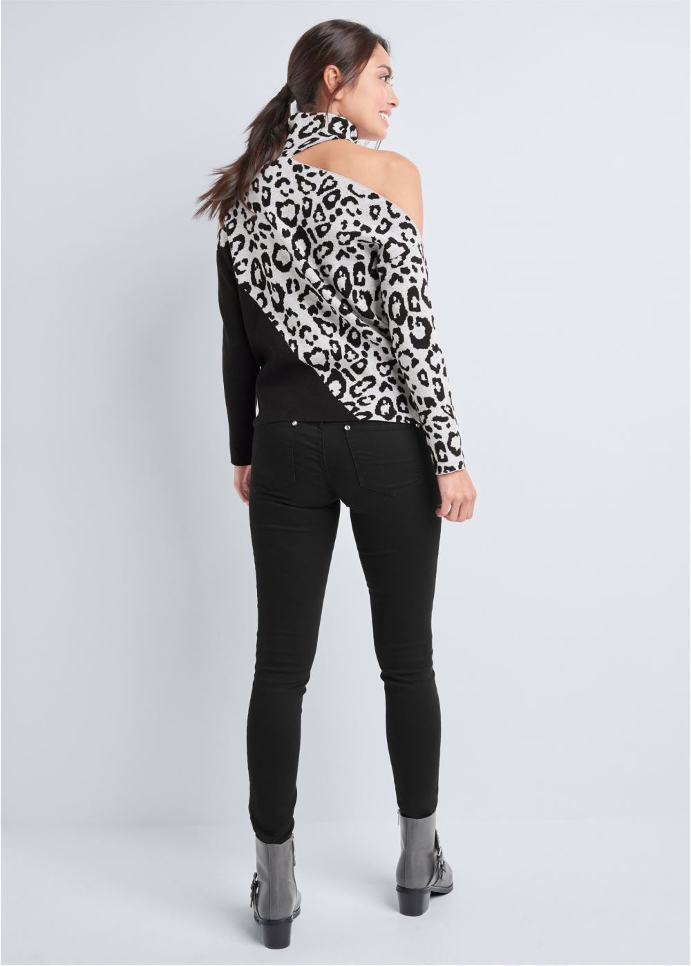 Venus Plus Size Leopard Print One-Shoulder Sweater in Grey & Black