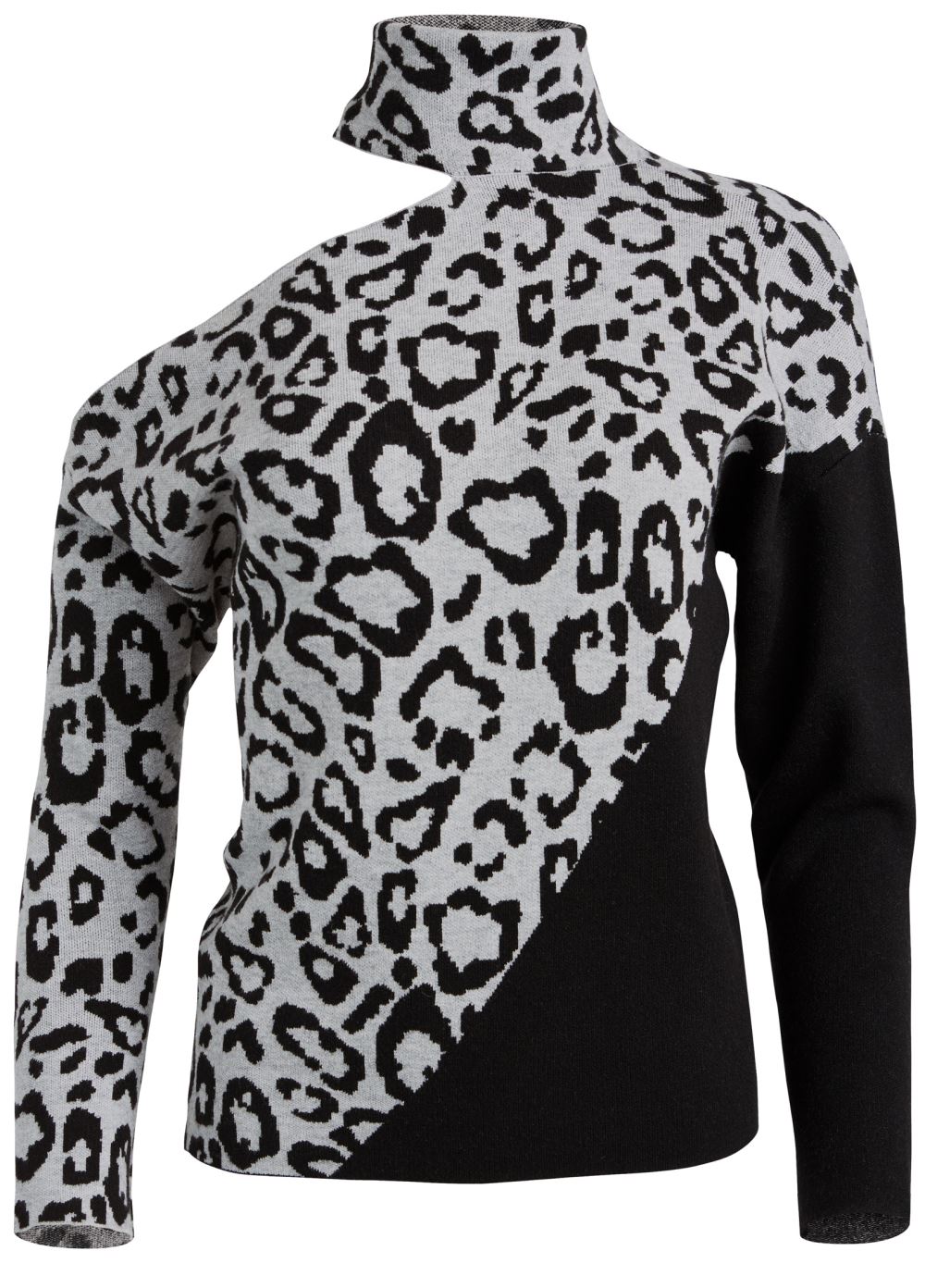 Venus Plus Size Leopard Print One-Shoulder Sweater in Grey & Black