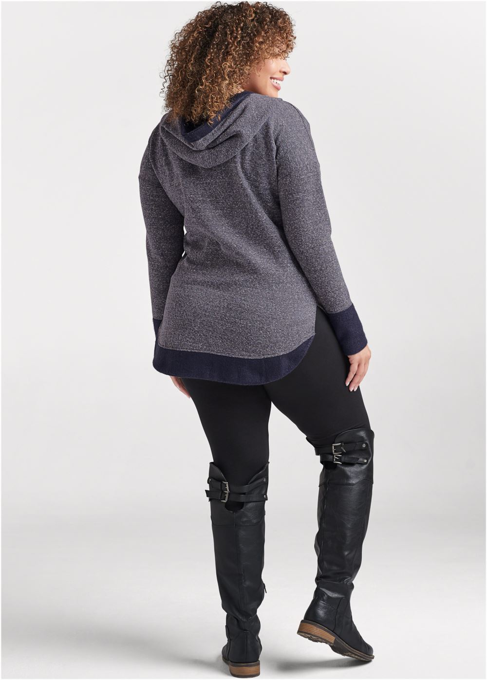 Venus Plus Size Tunic Length Zip Up Hoodie Jacket in Navy