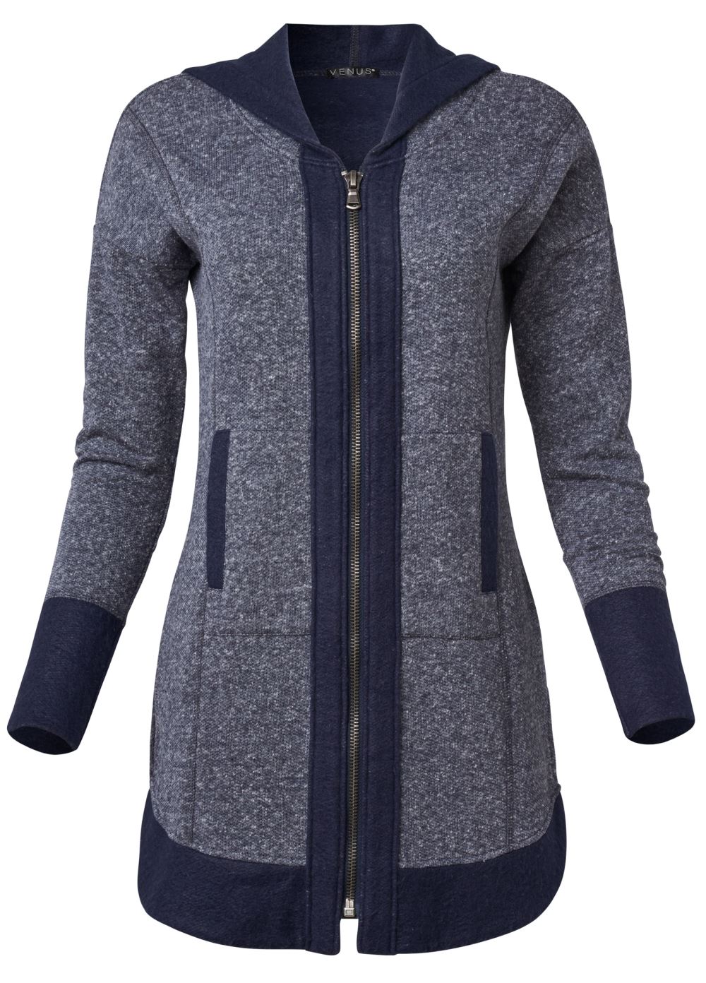 Venus Plus Size Tunic Length Zip Up Hoodie Jacket in Navy