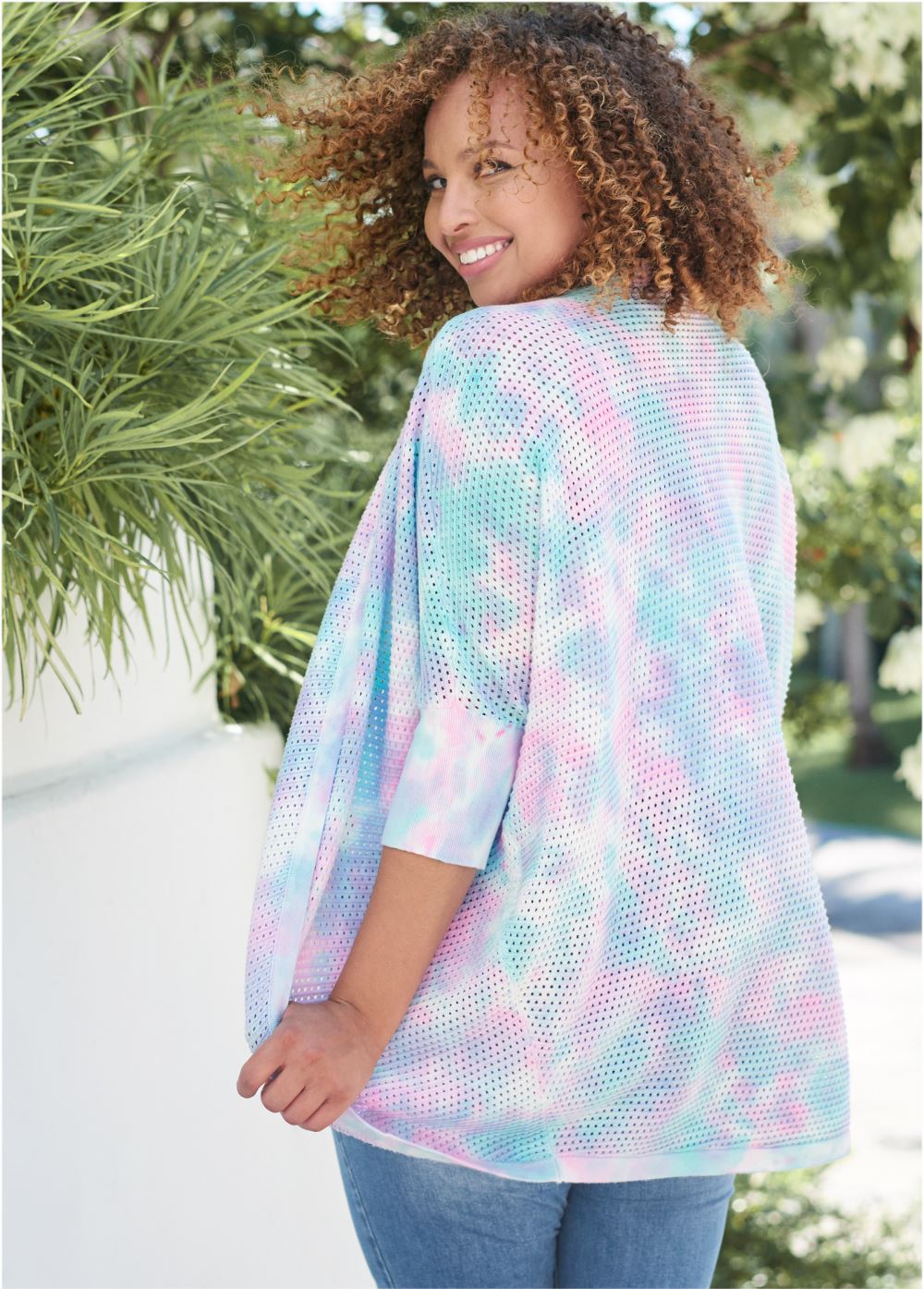 Venus Plus Size Tie-Dye Cocoon Cardigan in Pink Multi