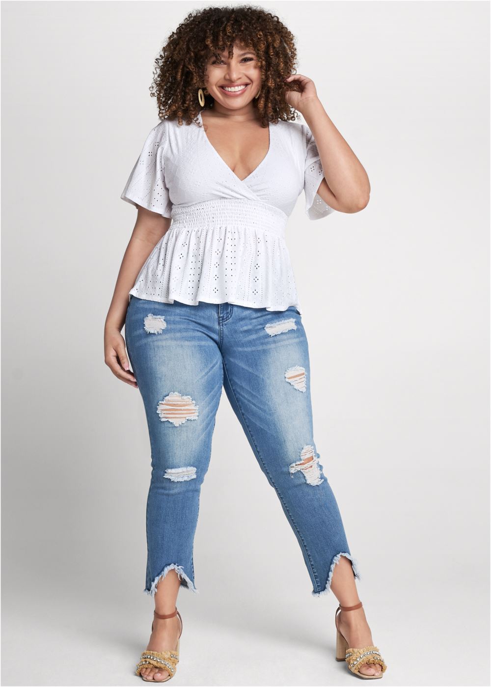 Venus Plus Size Stretch Eyelet Peplum Top