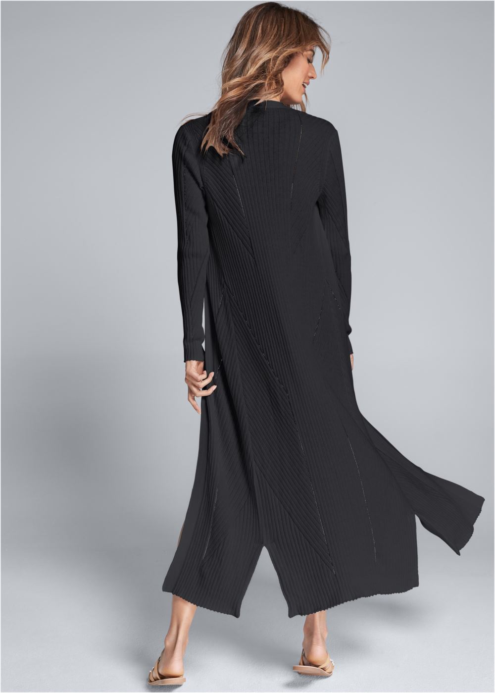 Venus Plus Size Long Ribbed Duster in Black