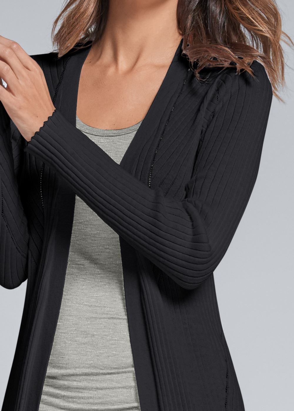 Venus Plus Size Long Ribbed Duster in Black