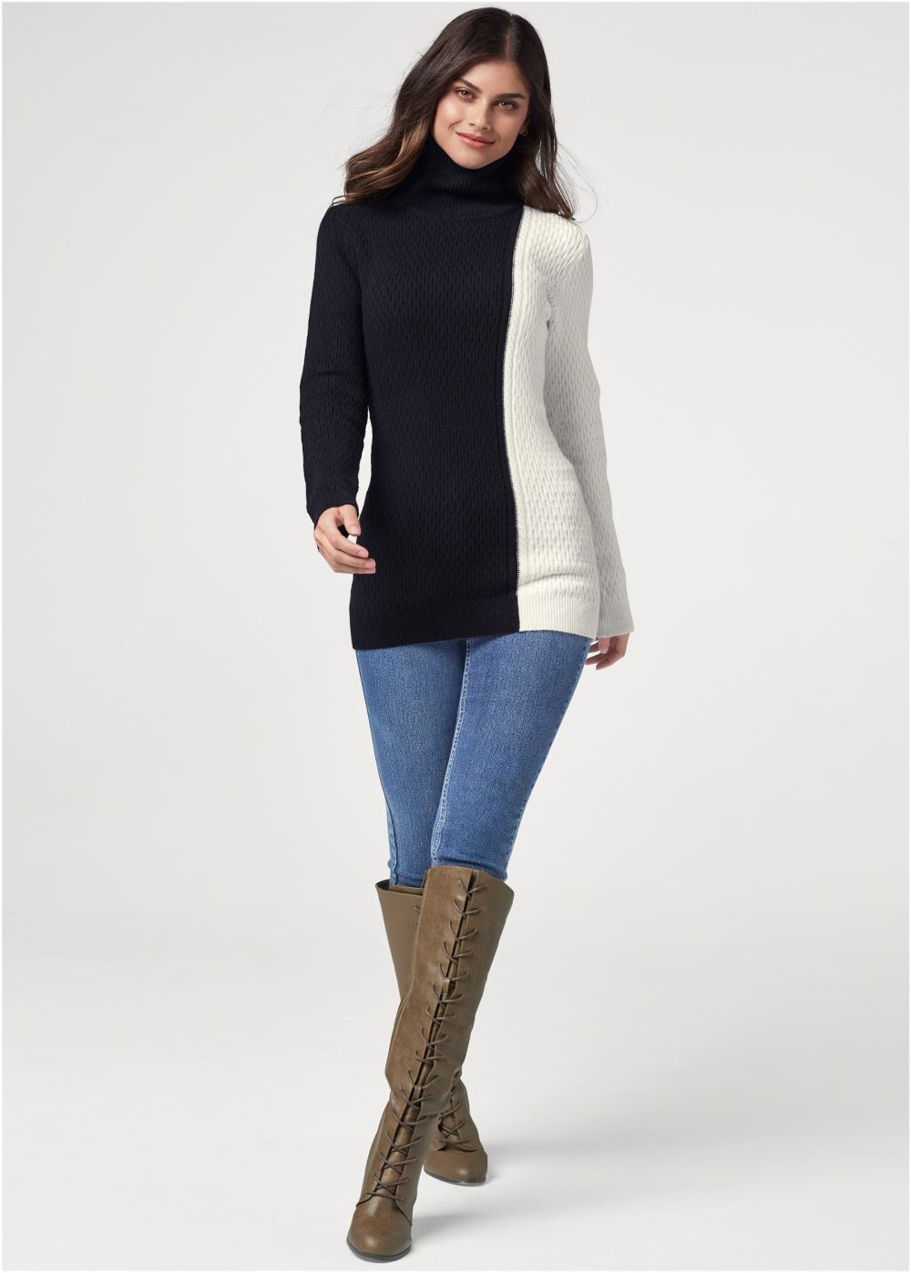 Venus Plus Size Color Block Turtleneck Sweater in Black & Off White