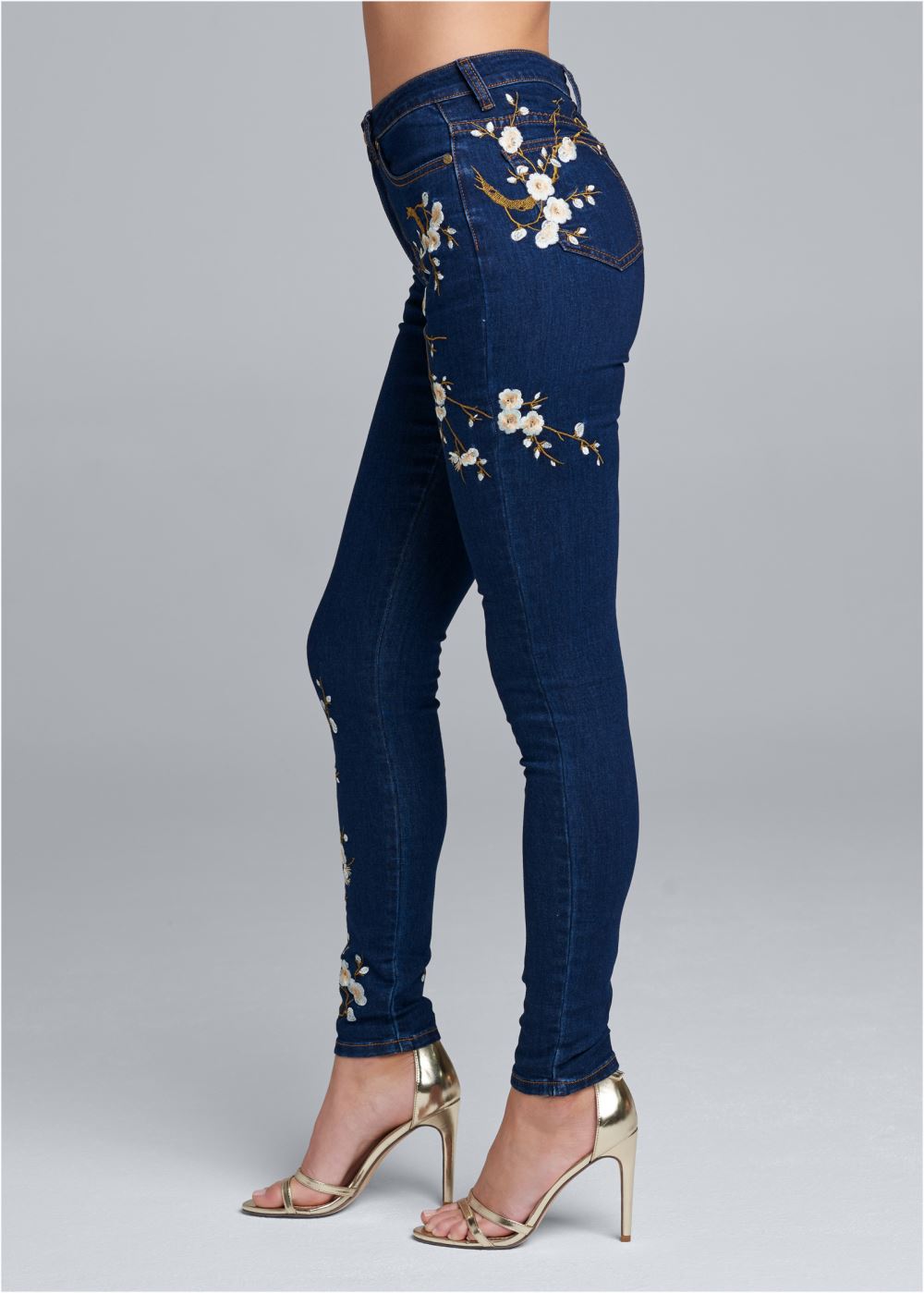 Venus Plus Size Floral Embroidered Skinny Jeans in Dark Wash