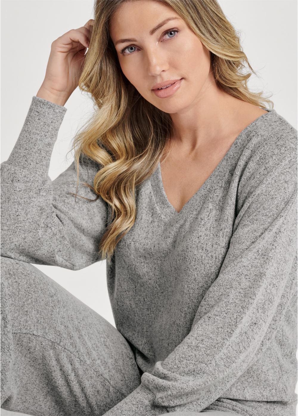Venus Plus Size Hacci Wide Leg Pant Set in Heather Grey