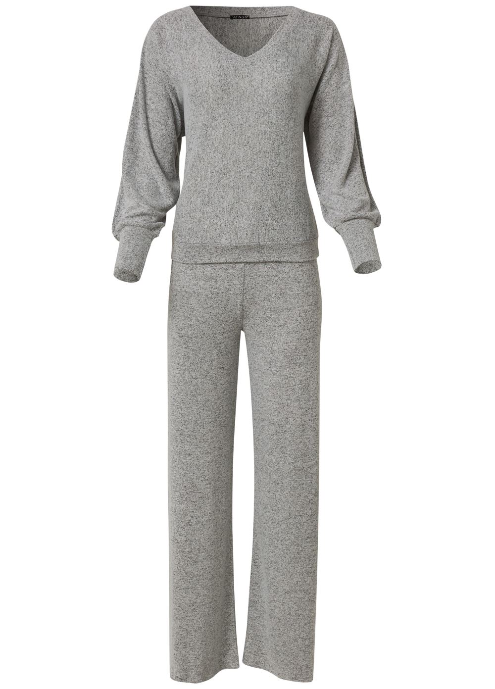 Venus Plus Size Hacci Wide Leg Pant Set in Heather Grey