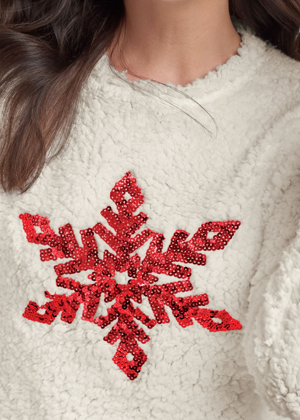 Venus Plus Size Snowflake Sherpa Sweatshirt in White & Red