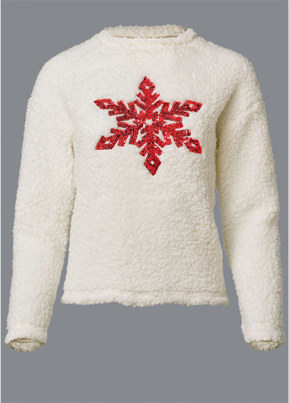Venus Plus Size Snowflake Sherpa Sweatshirt in White & Red