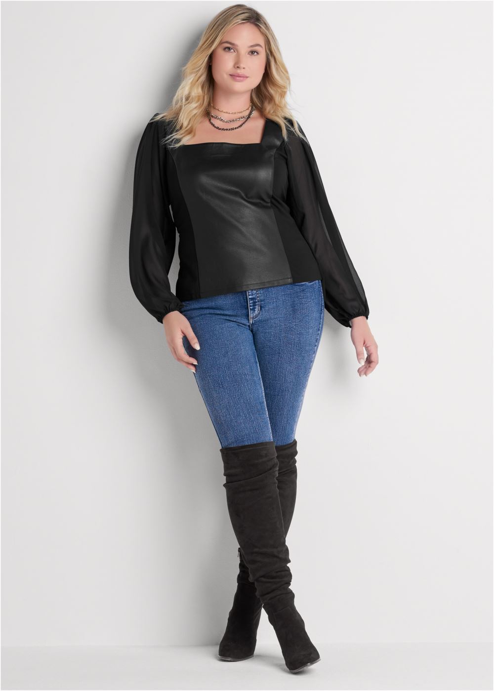 Venus Plus Size Faux-Leather Mesh Top