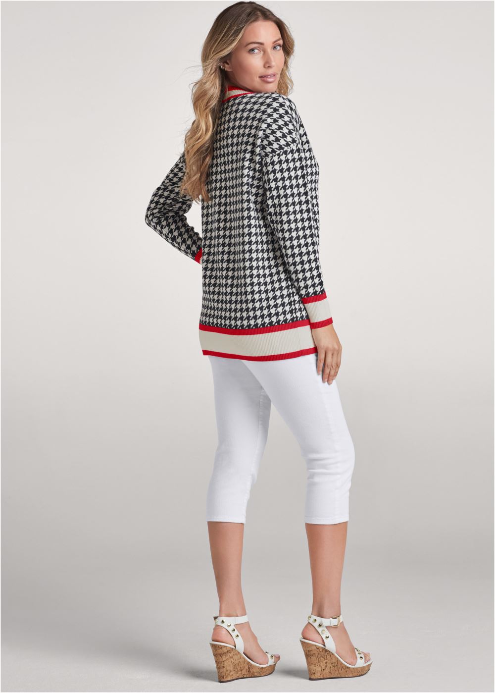 Venus Plus Size Houndstooth Print Cardigan With Color Block Stripes in Black & White