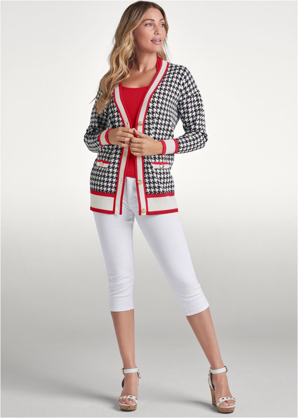Venus Plus Size Houndstooth Print Cardigan With Color Block Stripes in Black & White