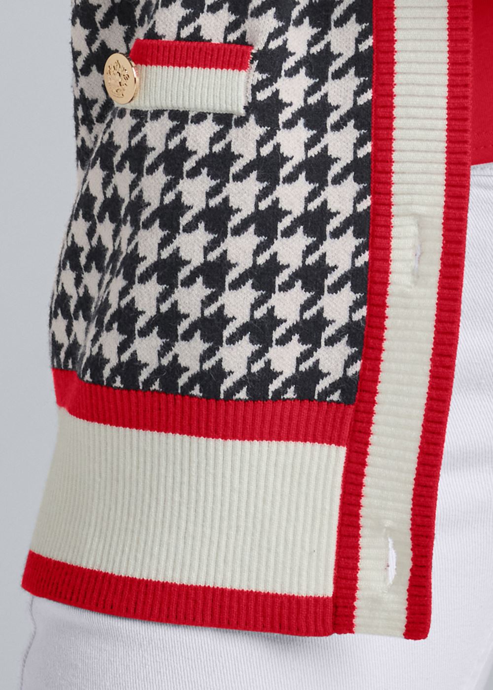 Venus Plus Size Houndstooth Print Cardigan With Color Block Stripes in Black & White