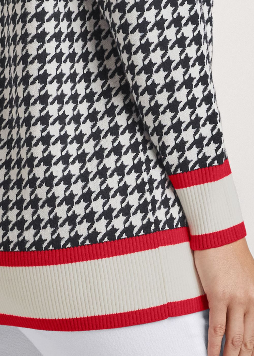 Venus Plus Size Houndstooth Print Cardigan With Color Block Stripes in Black & White