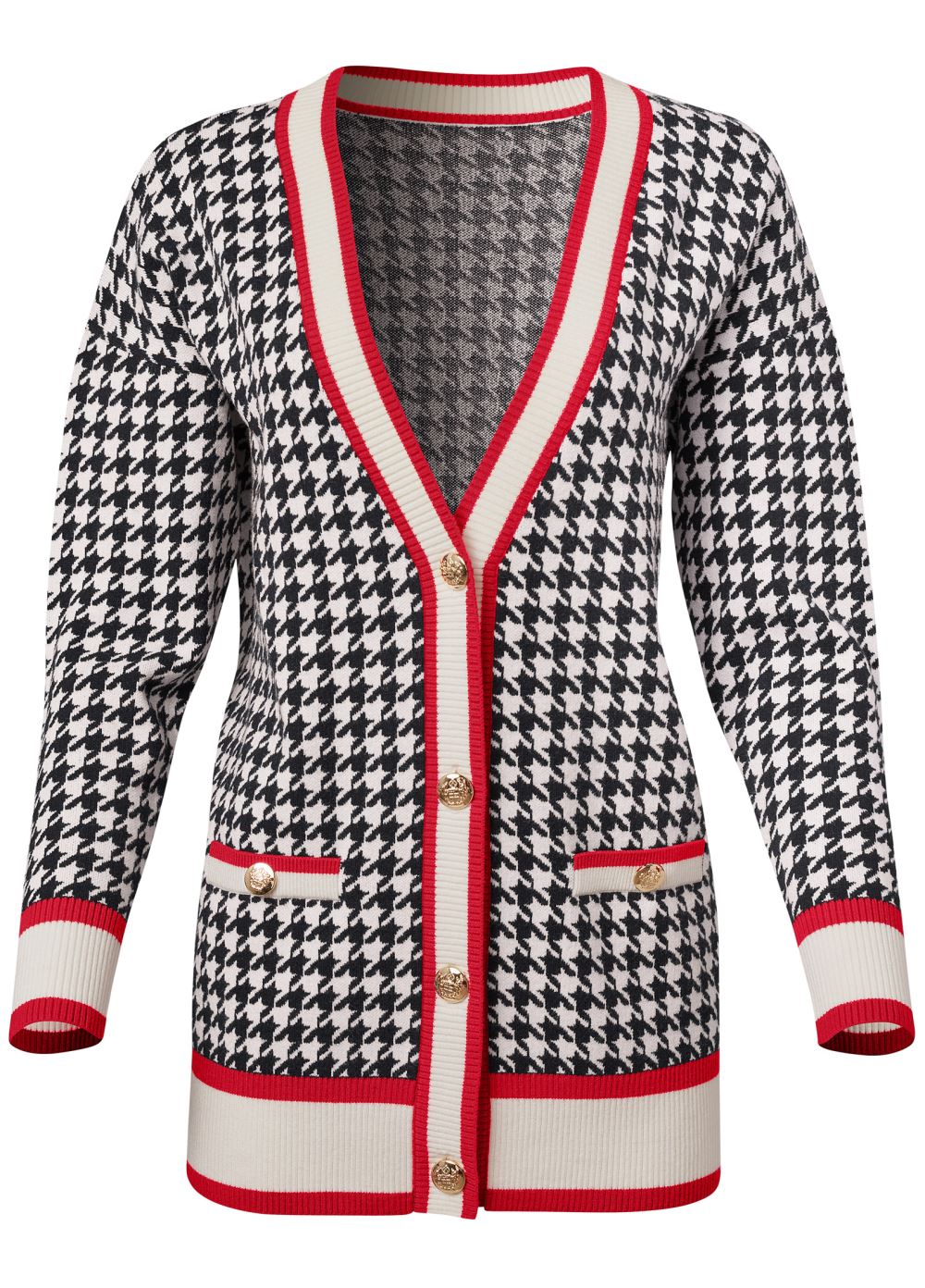 Venus Plus Size Houndstooth Print Cardigan With Color Block Stripes in Black & White