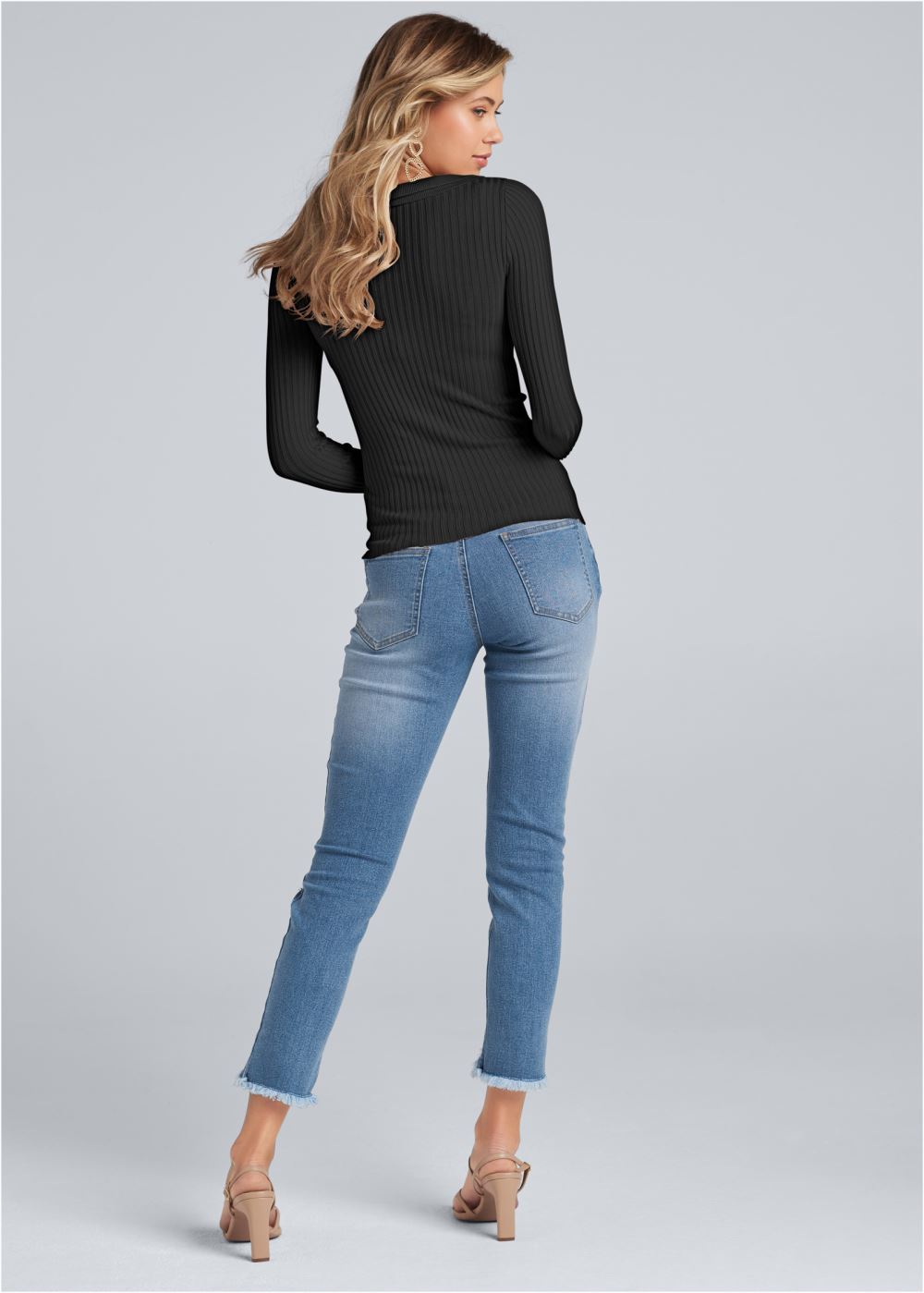 Venus Plus Size Ruffle Front Ribbed Sweater in Black