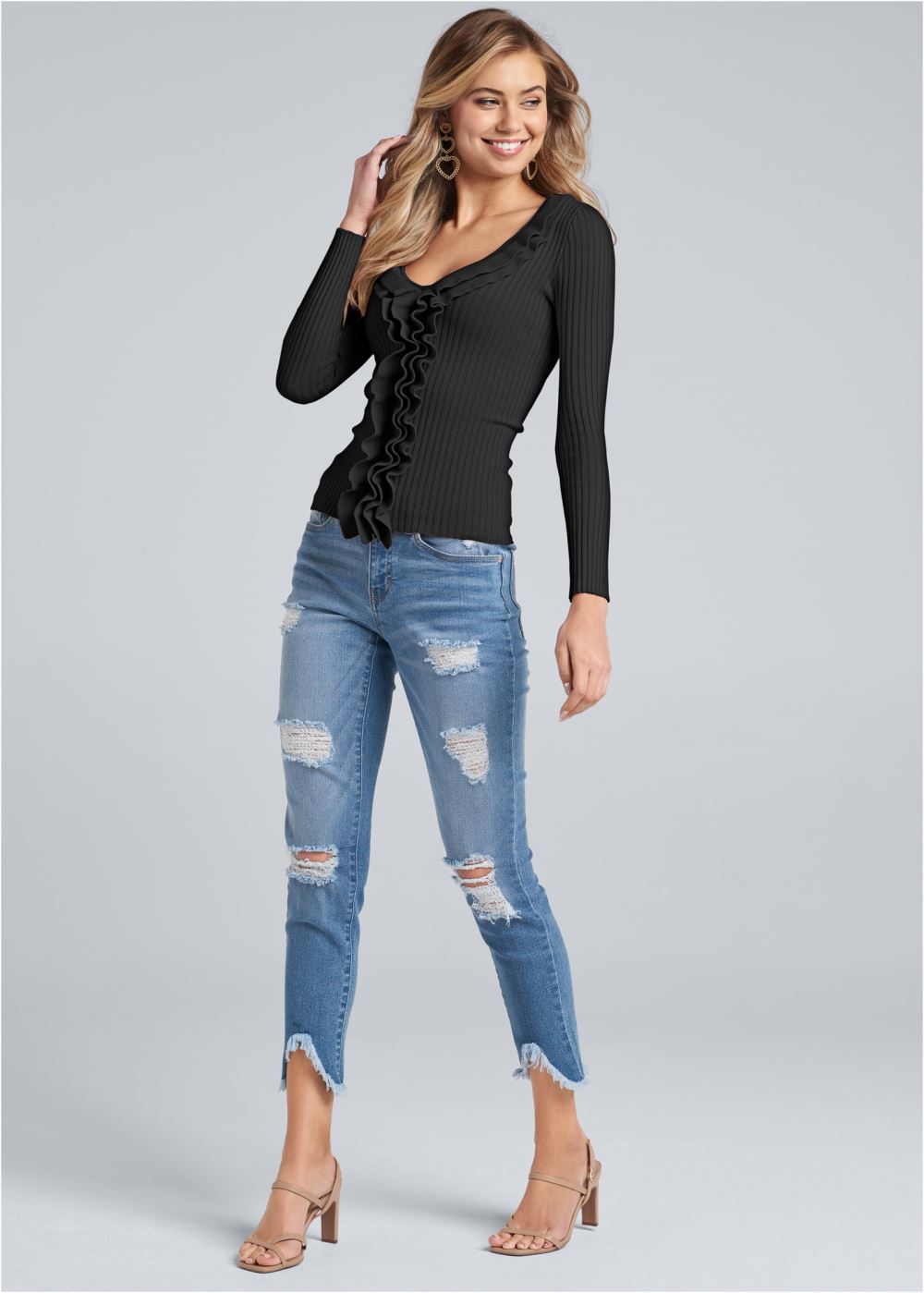 Venus Plus Size Ruffle Front Ribbed Sweater in Black