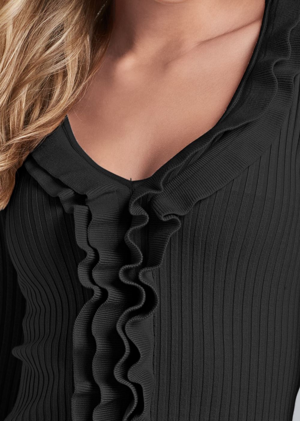 Venus Plus Size Ruffle Front Ribbed Sweater in Black