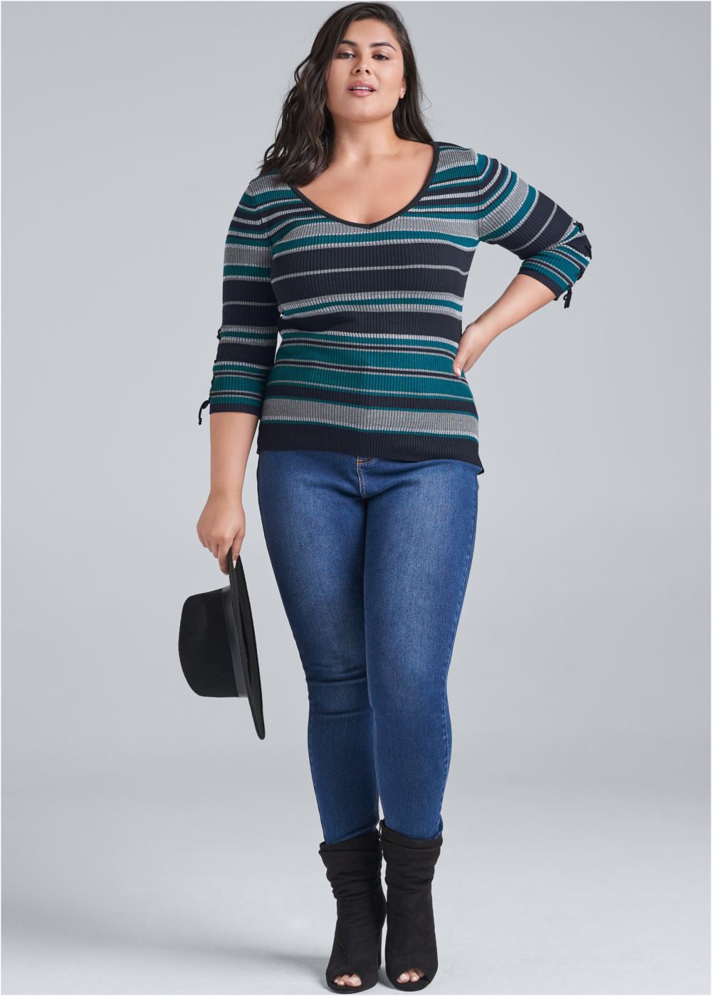 Venus Plus Size Striped Sweater in Black Multi
