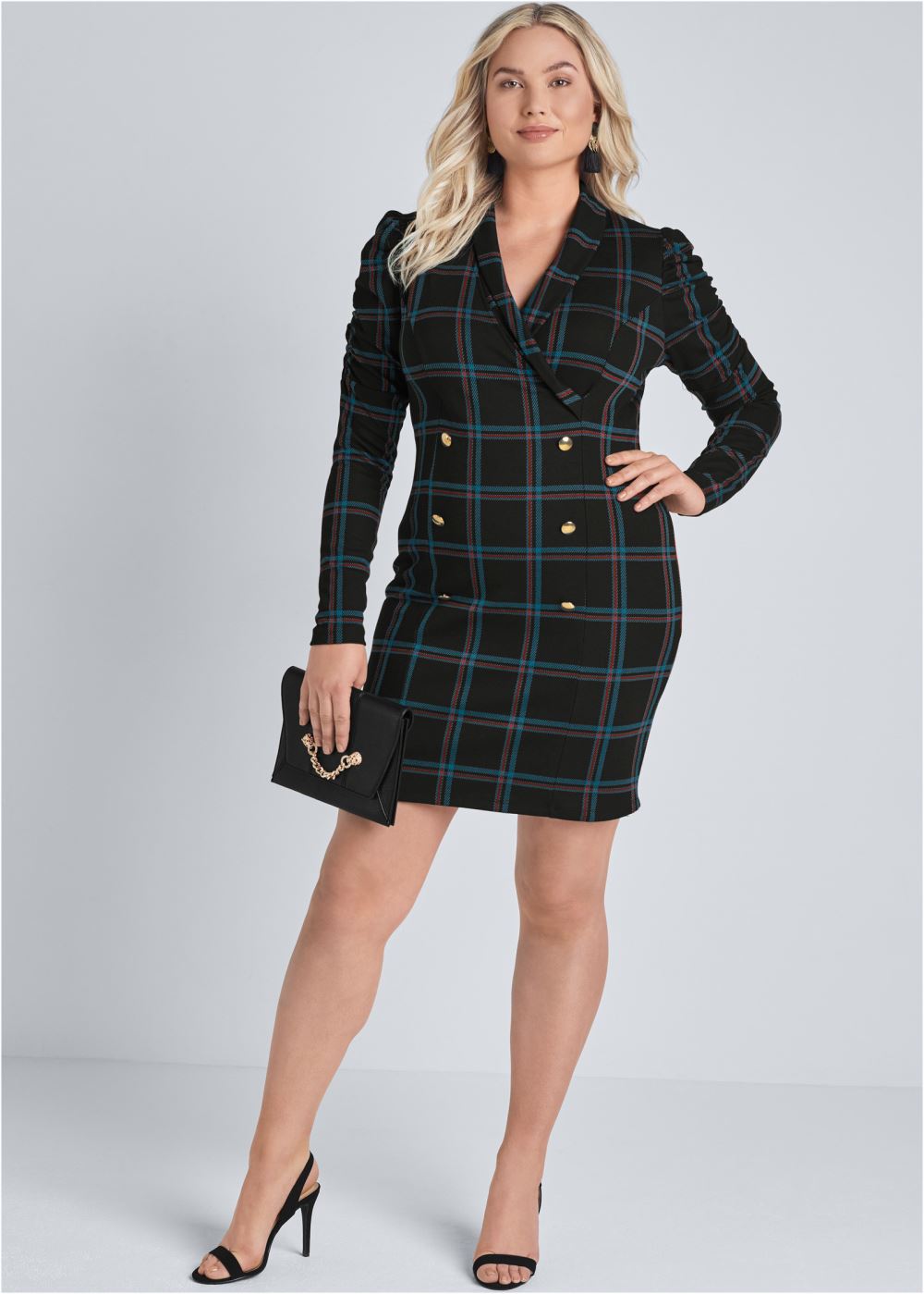 Venus Black Multi PLAID BLAZER DRESS