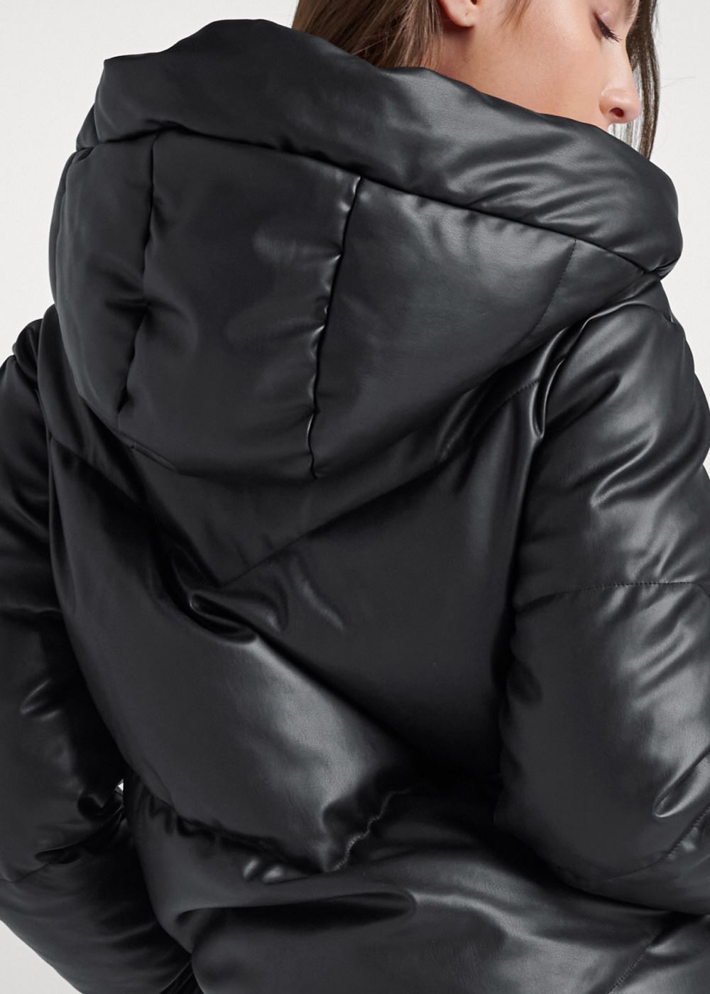 Venus Faux-Leather Puffer With Hood in Black