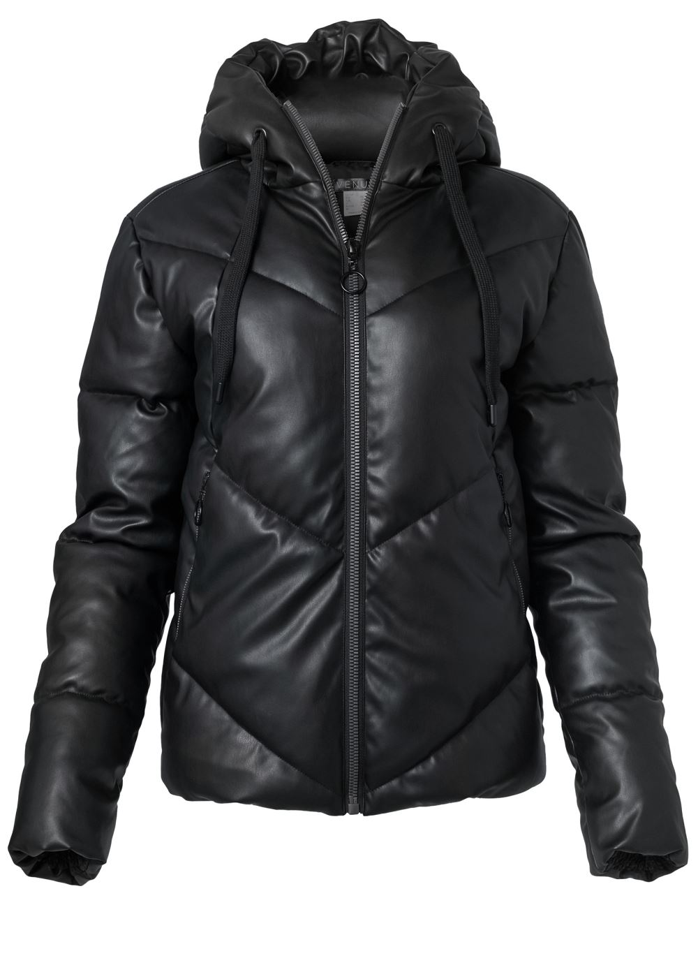 Venus Faux-Leather Puffer With Hood in Black