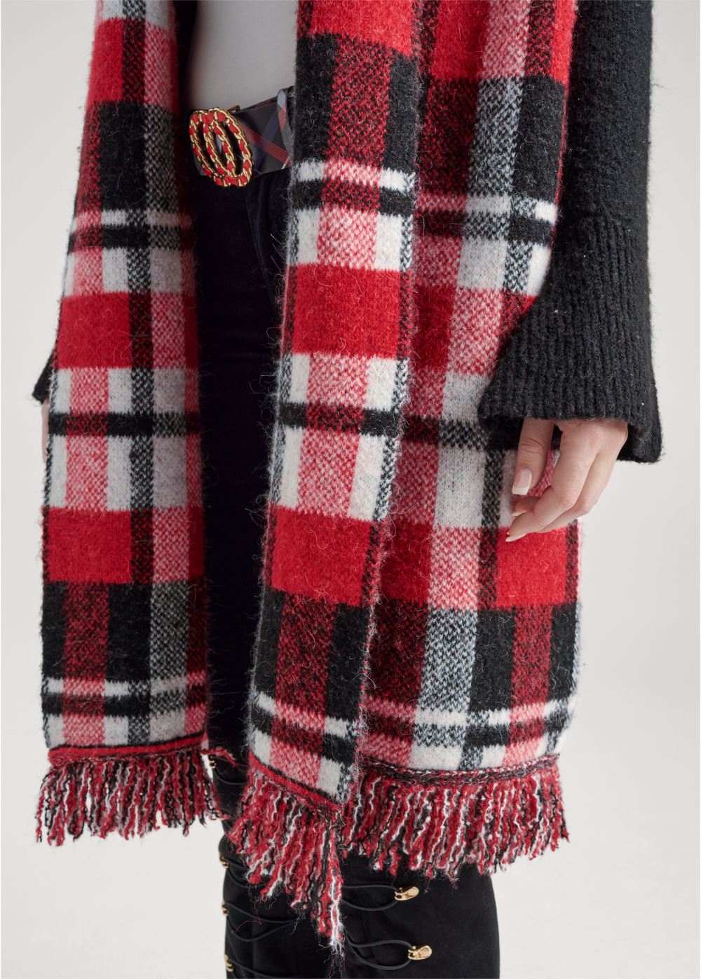 Venus Plus Size Plaid Fringe Duster in Black Multi
