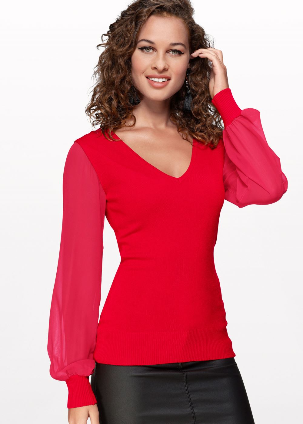 Venus Plus Size Chiffon Sleeve Sweater in Red