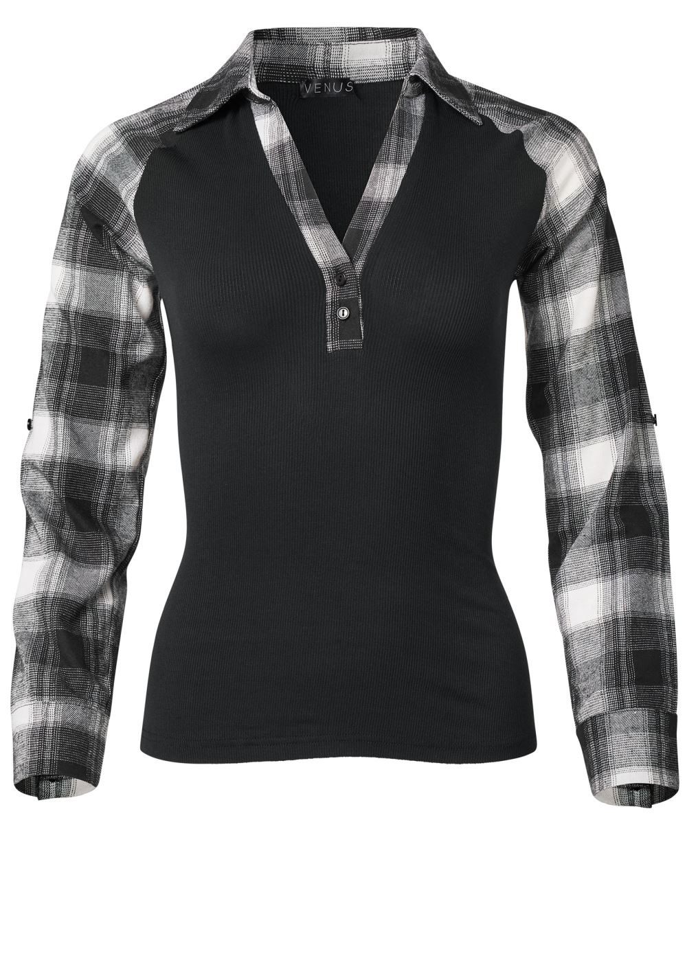 Venus Plus Size Ribbed Henley Plaid Top