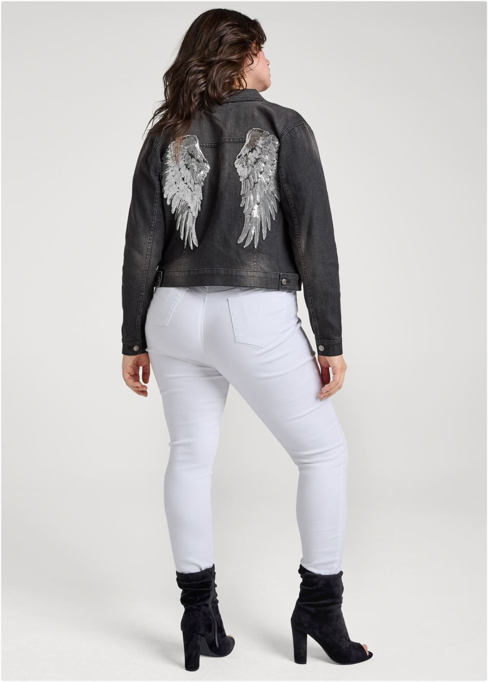 Venus Sequin Wing Jean Jacket in Black Denim