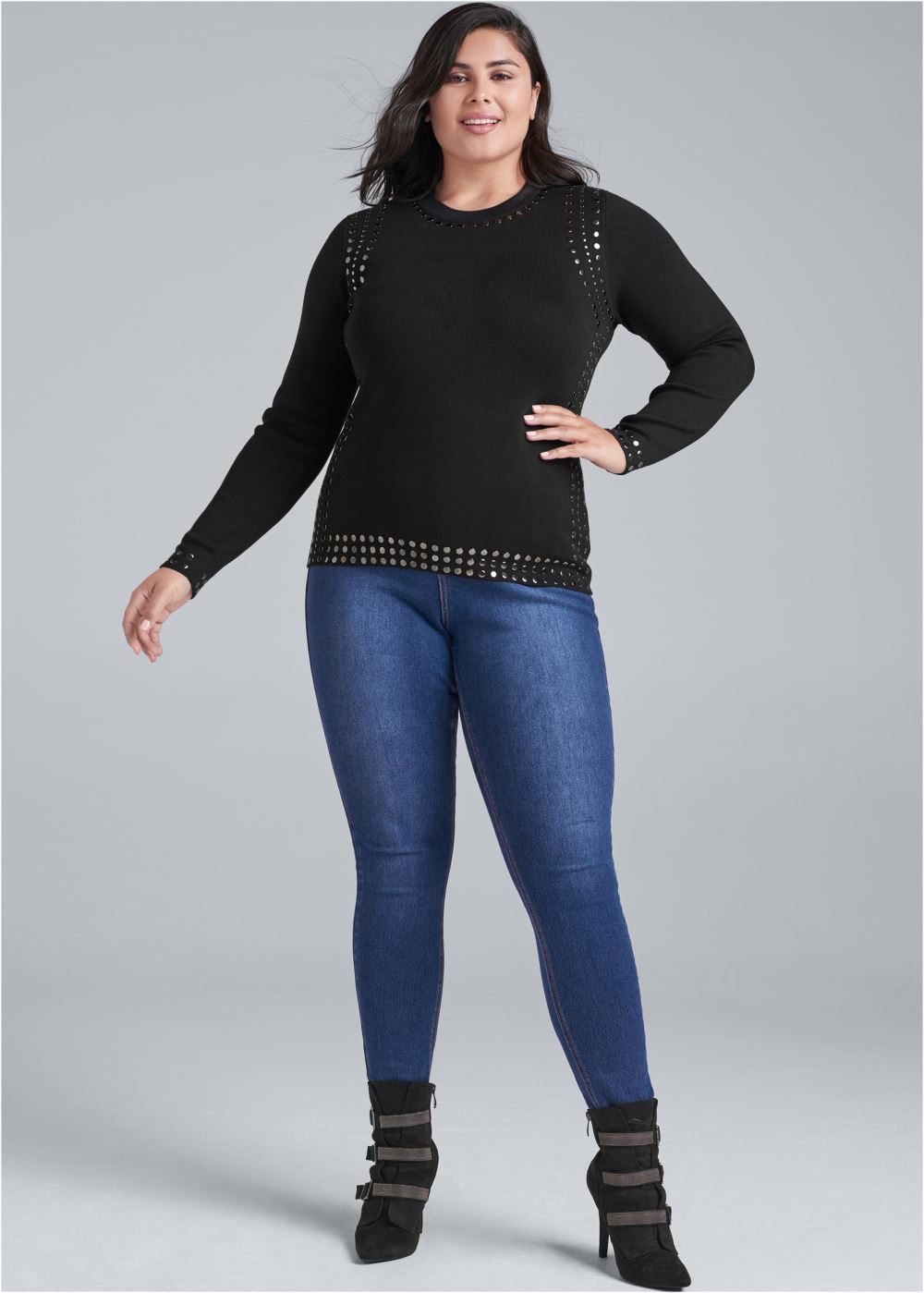 Venus Plus Size Stud Trim Sweater in Black
