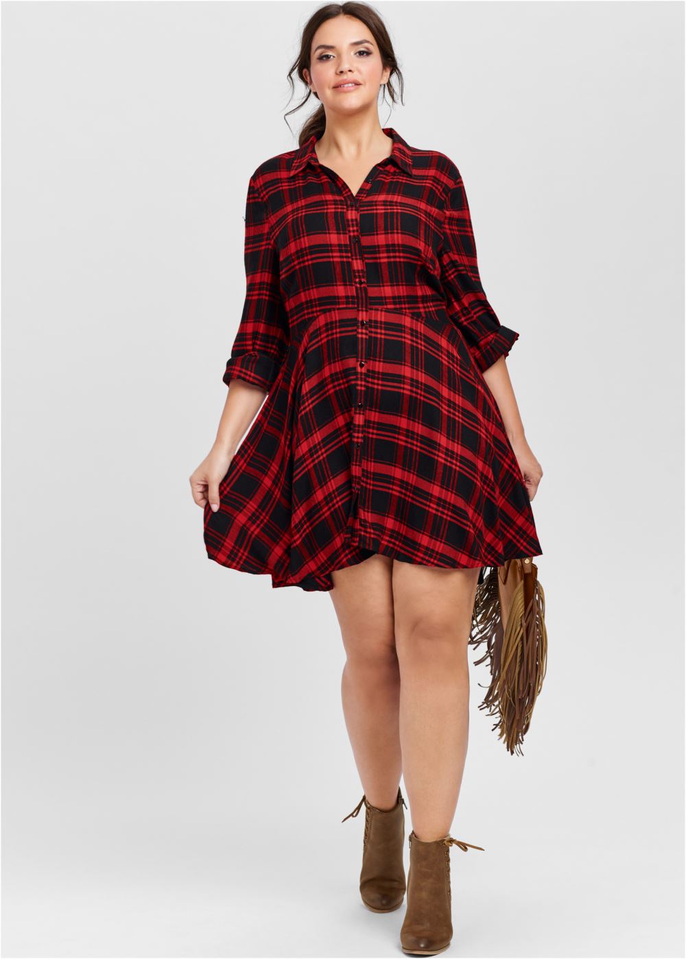 Venus Red Multi PLAID HIGH LOW DRESS
