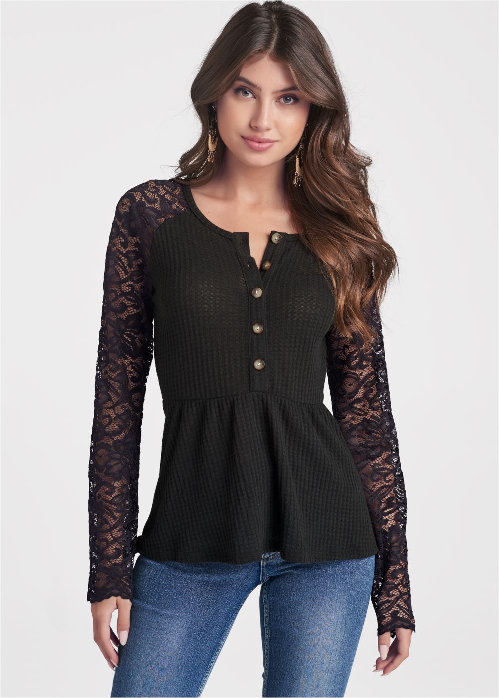 Venus Plus Size Waffle And Lace Peplum Top