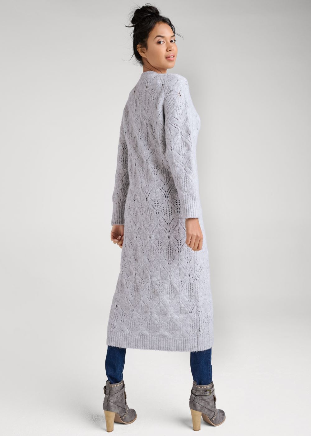 Venus Plus Size Cozy Open Knit Duster in Heather Grey