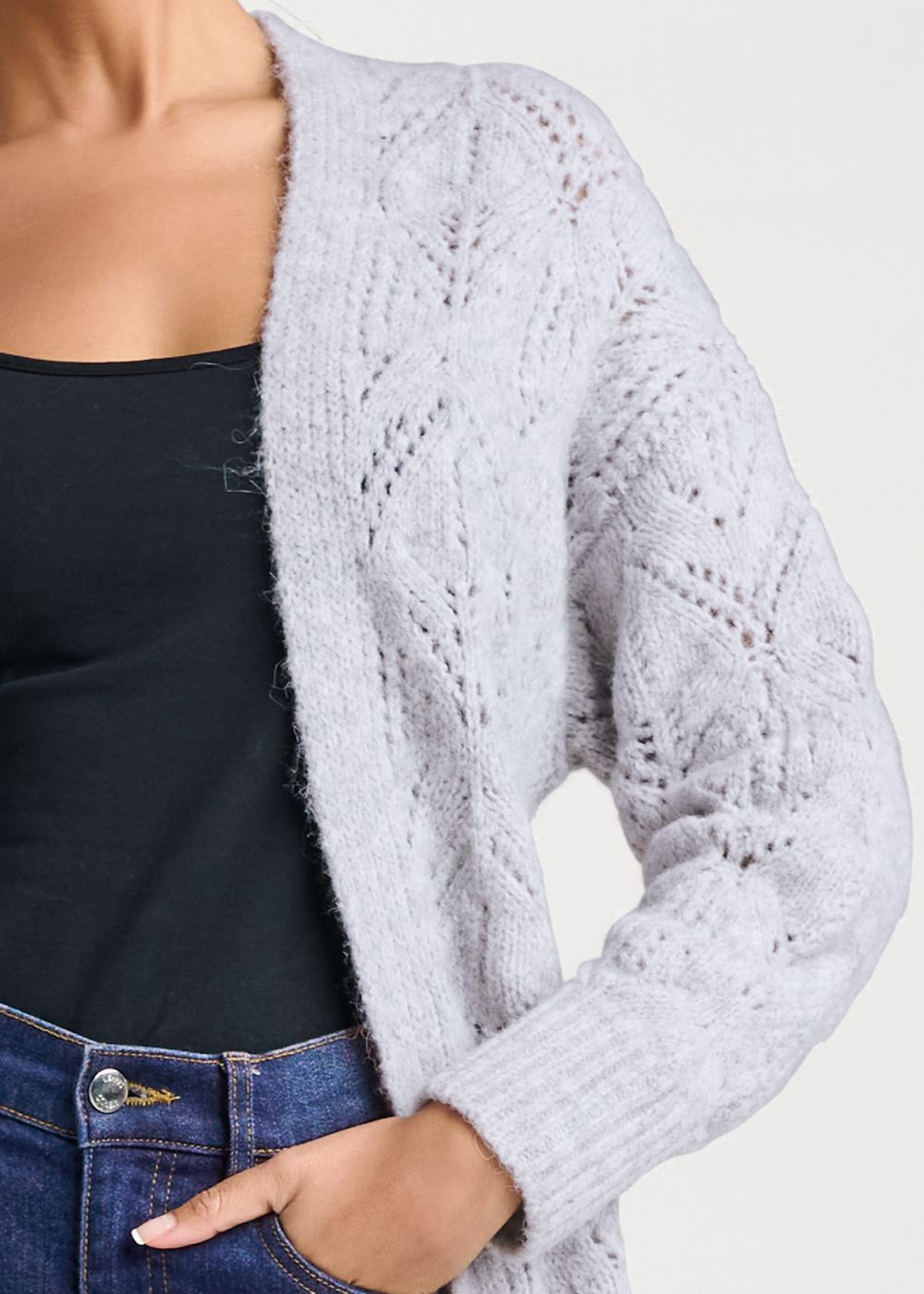 Venus Plus Size Cozy Open Knit Duster in Heather Grey