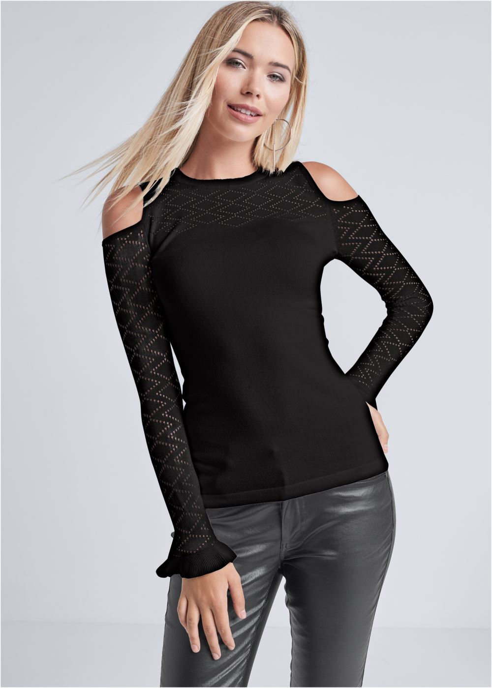 Venus Plus Size Pointelle Stitch Sweater in Black