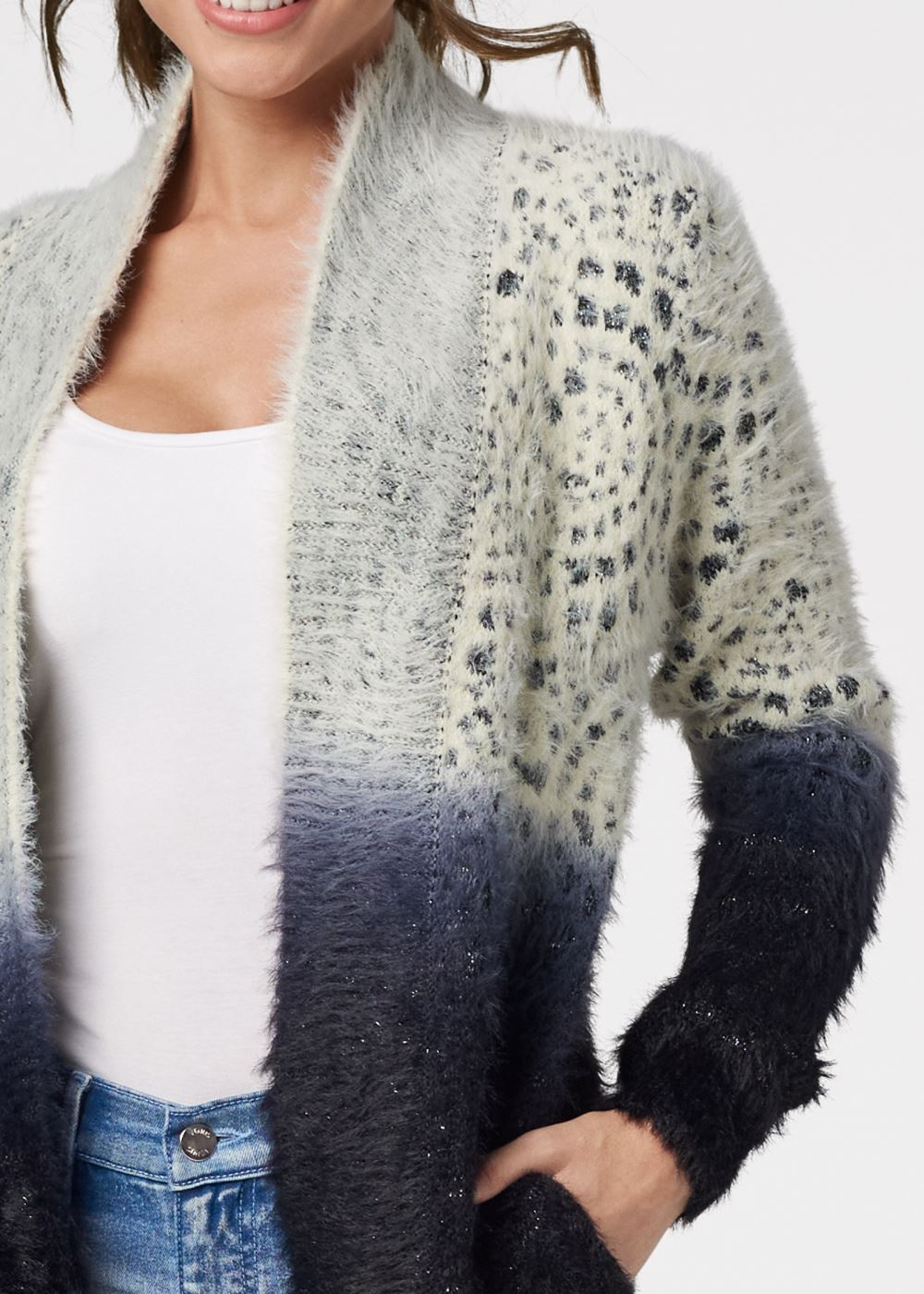 Venus Plus Size Ombre Eyelash Cardigan in White Multi