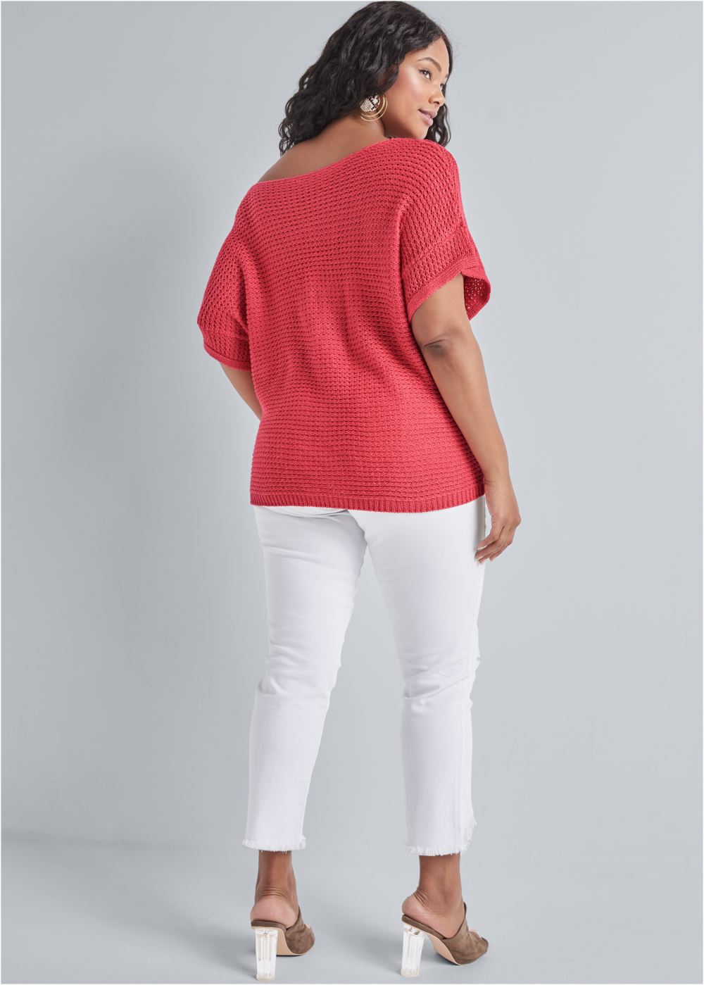Venus Plus Size Open Knit Sweater in Coral