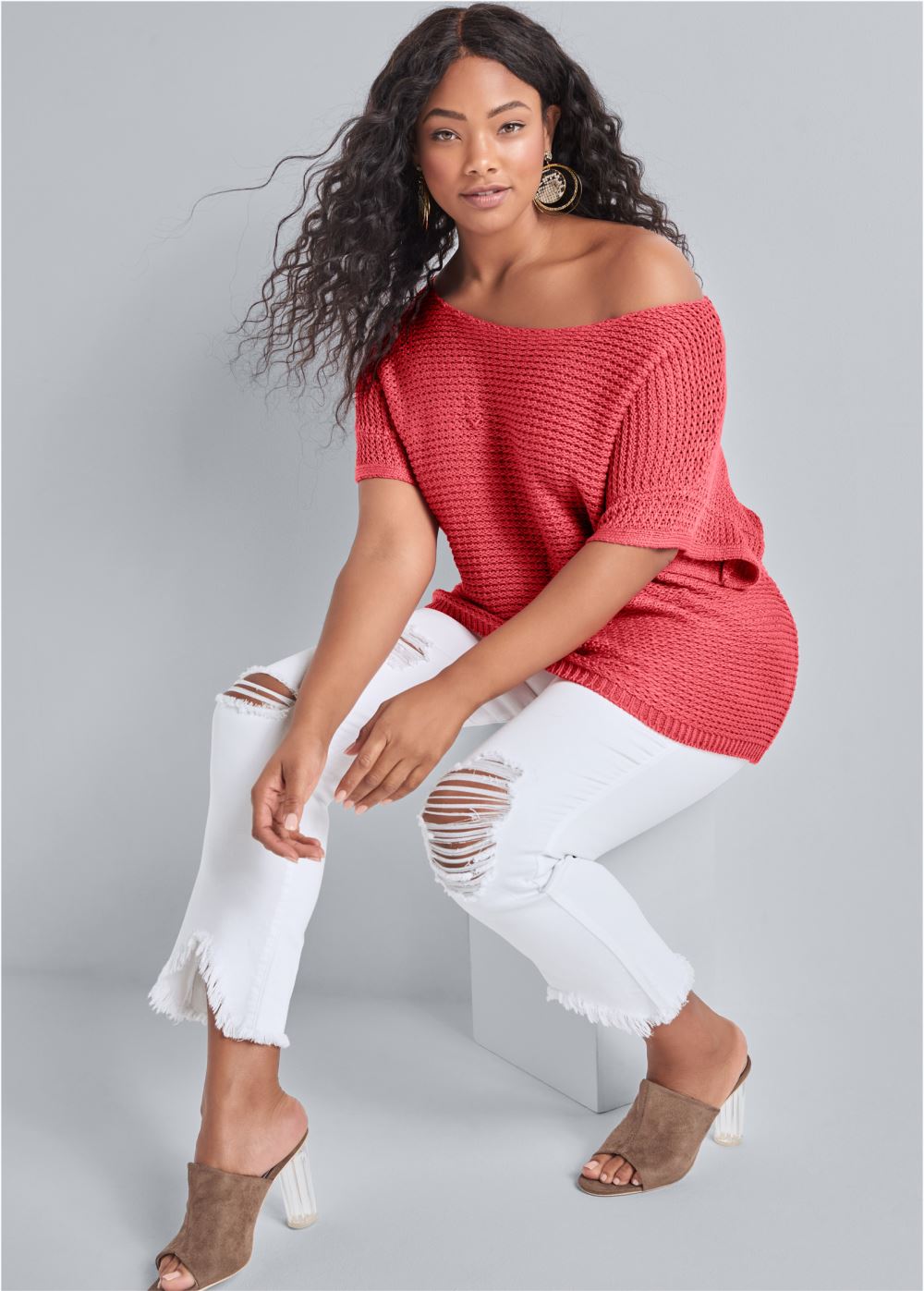 Venus Plus Size Open Knit Sweater in Coral