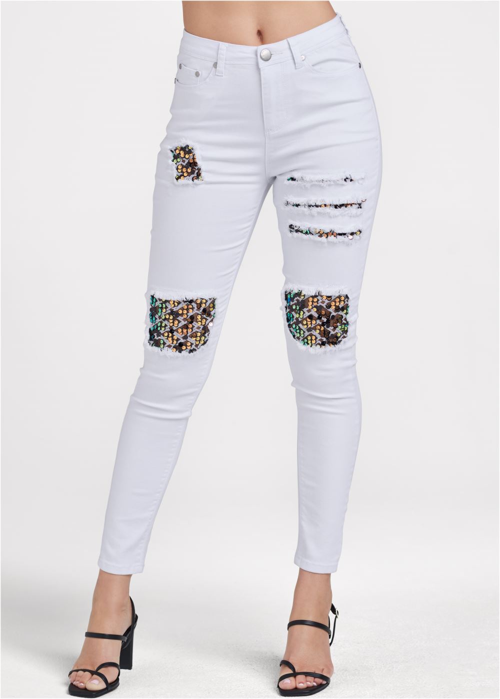 Venus Plus Size Sequin Patch Skinny Jeans in White Denim