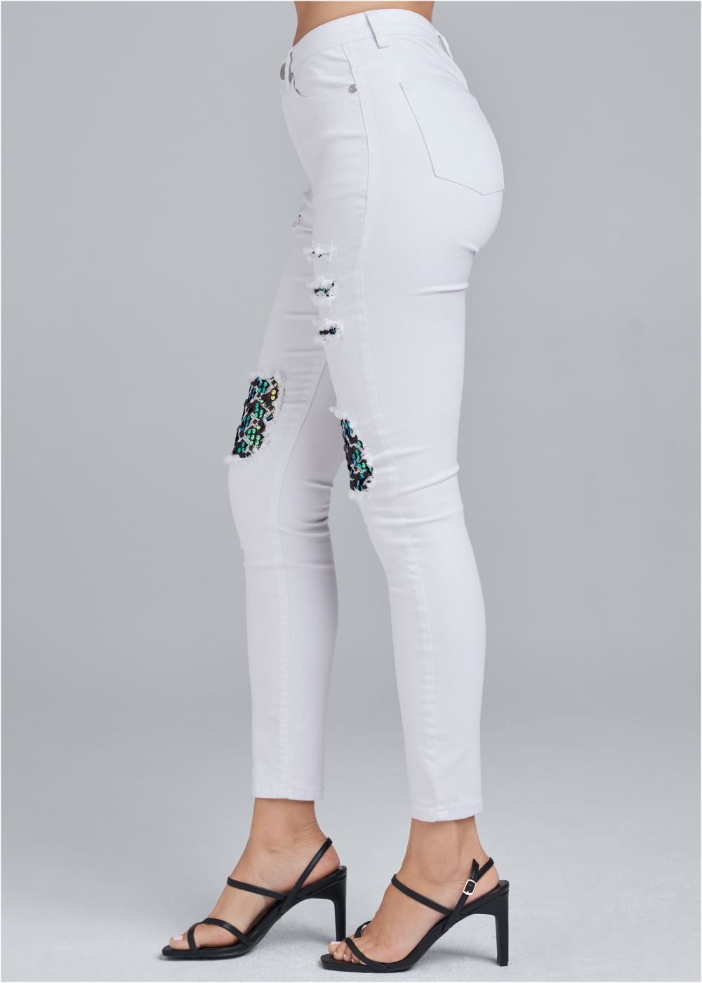 Venus Plus Size Sequin Patch Skinny Jeans in White Denim