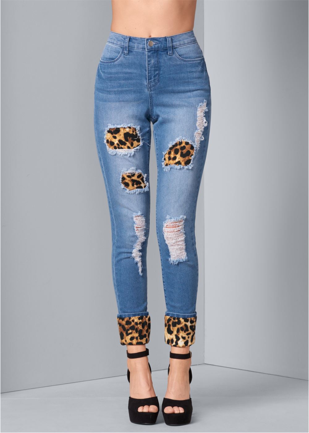 Venus Plus Size Leopard Cuffed Jeans in Light Wash